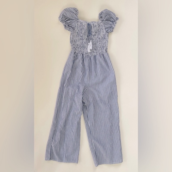 Rare Editions Big Girls Blue White Puff-Sleeve Seersucker Jumpsuit Size 10 - Picture 1 of 6
